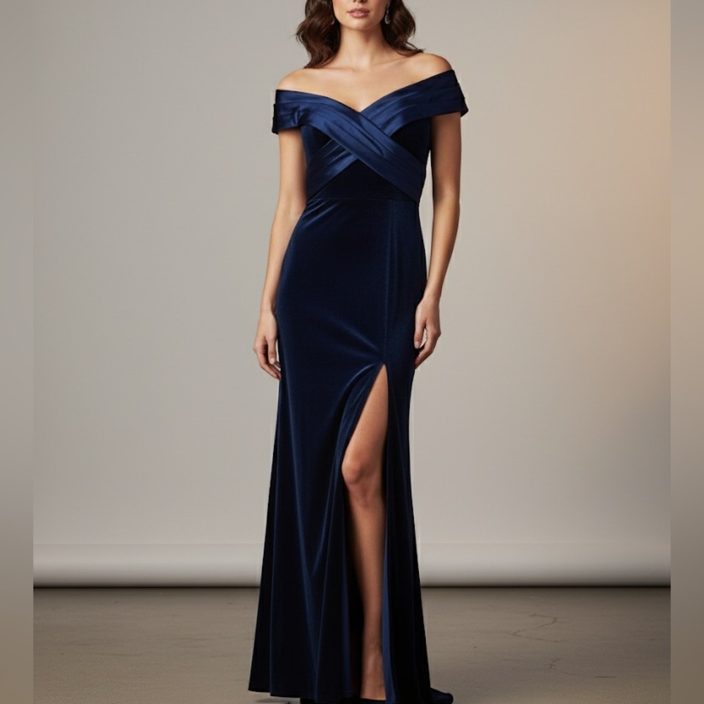 Tadashi Shoji Stretch Taffeta & Velvet Navy Floor Length Gown XS